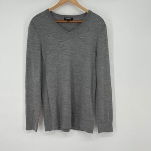 Express Men's Merino Wool Blend V Neck Sweater Size Medium Gray Long Sleeve Cozy